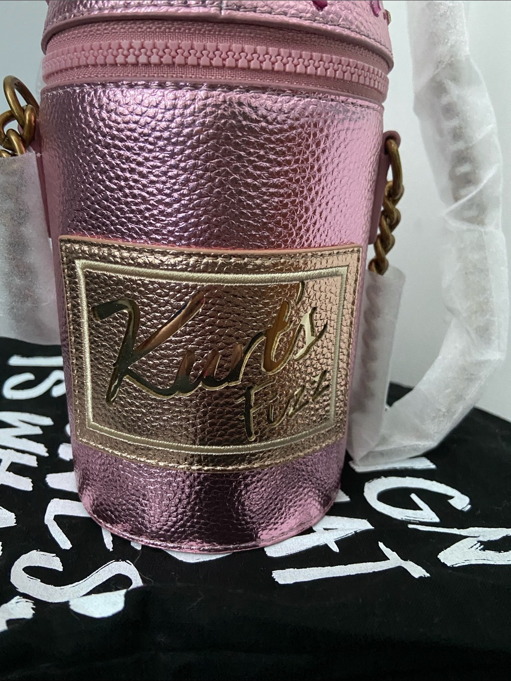 Kurt Geiger Metallic Pink & Rose Gold Champagne Bottle Crossbody Bag - Picture 3 of 5